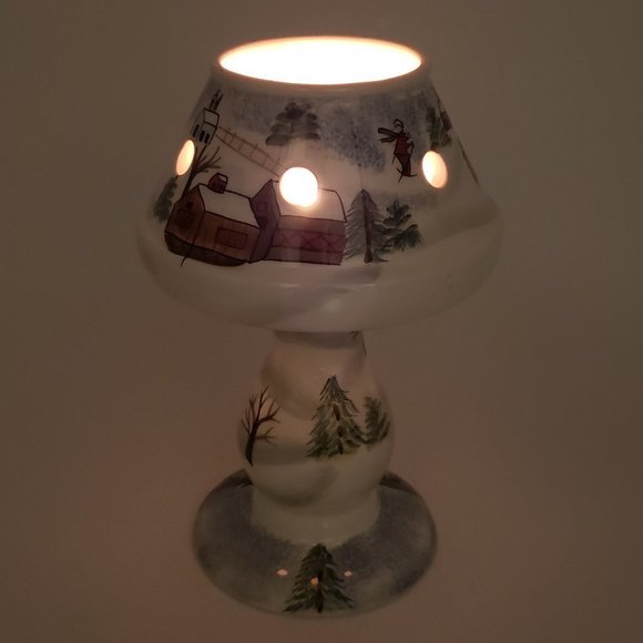 Elements Small Ceramic Spongeware Winter Skiing Trees Scene Tealight Candle Lamp - Picture 3 of 12